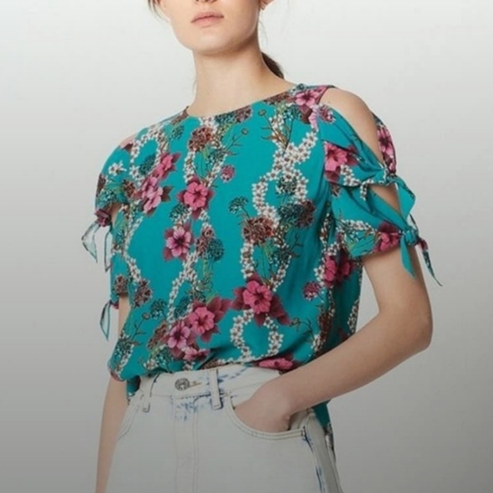 Sandro Paris Teal Pink Floral Top Blouse Short‎ Tie Sleeves Career Office Spring